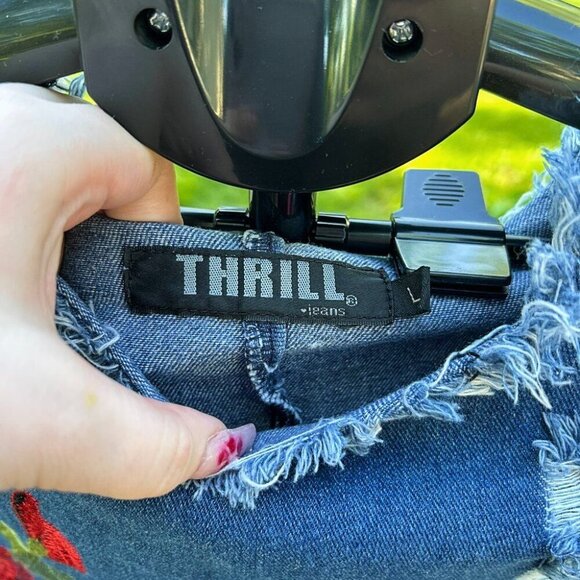 THRILL Denim Embroidered Distressed High-Low Mini Dress Size L - Picture 3 of 11